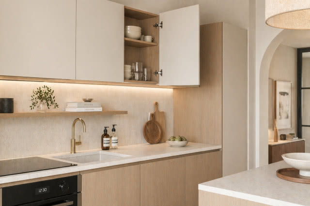 Nowoczesna, jasna kuchnia z zabudową w jasnym drewnie, otwartą szafką z naczyniami, podświetlaną półką, złotą baterią nad zlewem oraz minimalistycznym blatem z dekoracyjnymi dodatkami.