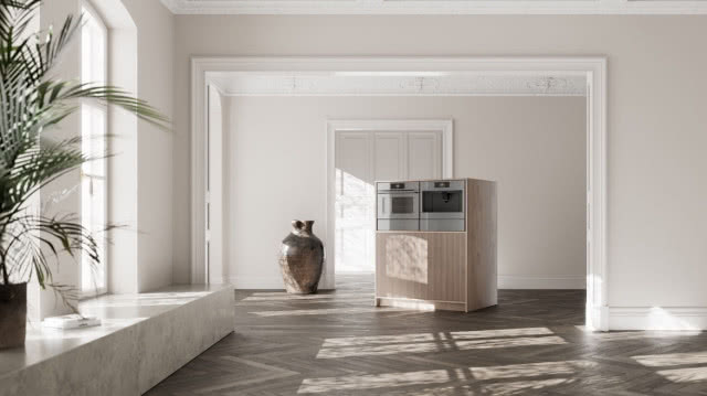 salon, duże okna, duży zielony kwiat w doniczce, szafka w kolorze ziemi, piekarnik, duży wazon, jodełka na podłodze