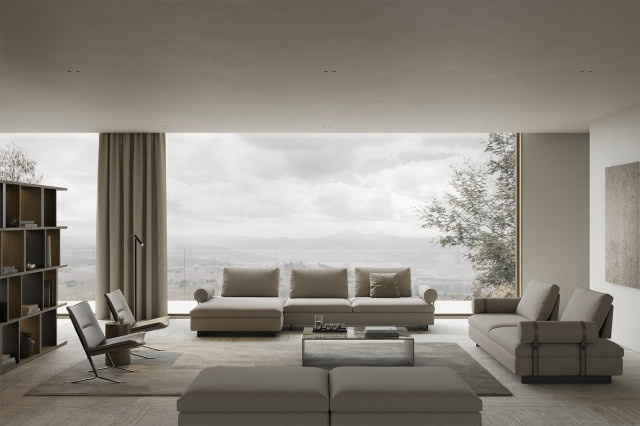 Wnętrze z kolekcją modułową DEEP stanowi przedłużenie naturalnego krajobrazu. Fot. DION, kanapa, stolik kawowy