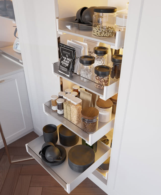 szuflady z matą antypoślizgową, białe fronty kuchenne