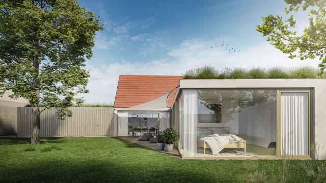 przeszklony dom, żagiel na tarasie