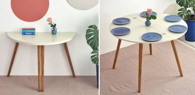 Półksiężycowy rozkładany stół MAWI śr. 110cm wapień, nogi dąb, RAGABA.