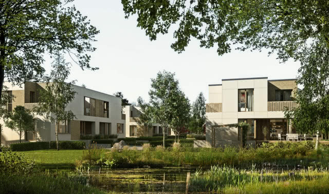 osiedle GAIA PARK, drzewa, trawa, meble ogrodowe, oczko wodne, kamienie