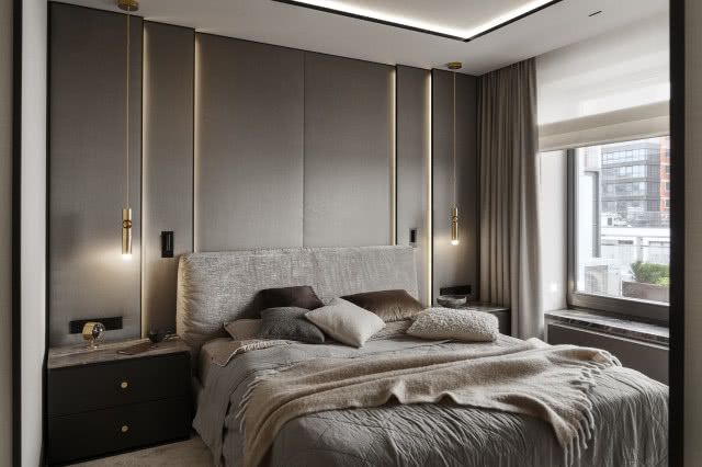 Szara sypialnia w hotelowym stylu