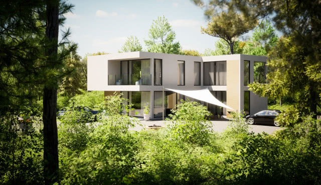 widok z daleka na nowoczesny dom