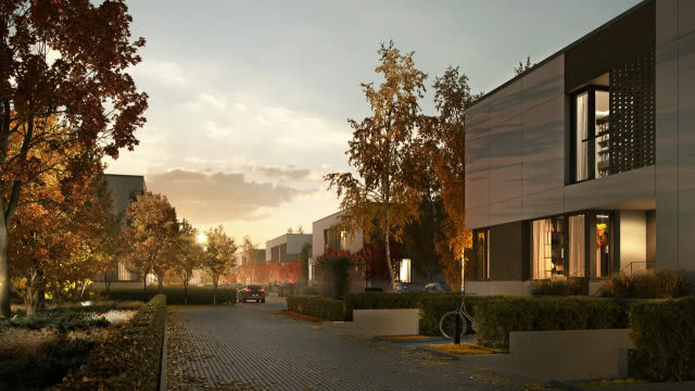 budynki mieszkalne, osiedle, drzewa, zachód słońca, rower, samochód, żywopłot