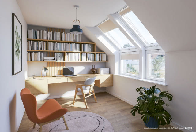 biuro, biurko z krzesłem, fotel, półki na książki, okna dachowe kolankowe z roletami