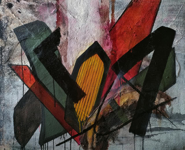 Michał Jamioł, akryl, płótno, materia, 100cmx120cm, 2023 