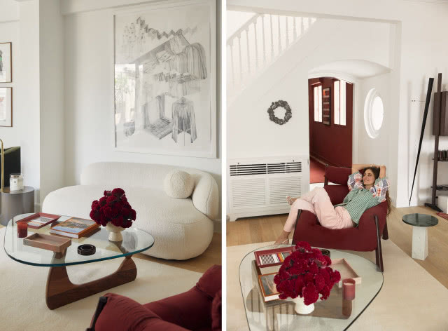 jasny salon z bordowymi meblami