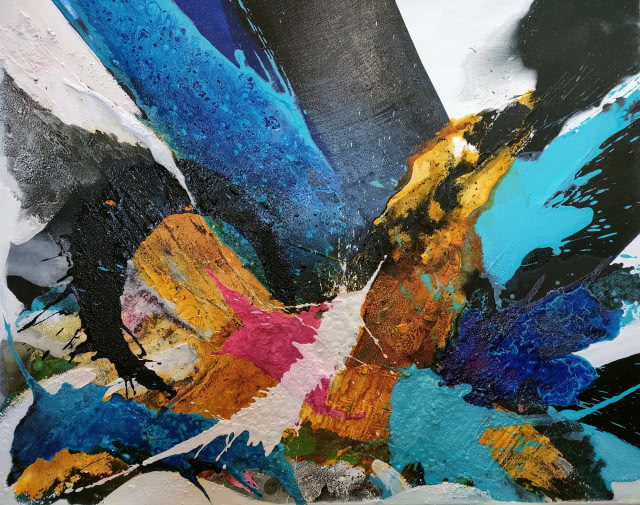 Michał Jamioł, akryl, mixmedia, płótno, materia, 90cmx110cm, 2023