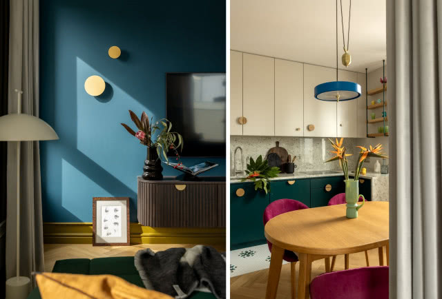 Zielona kuchnia i niebieskie ściany w salonie