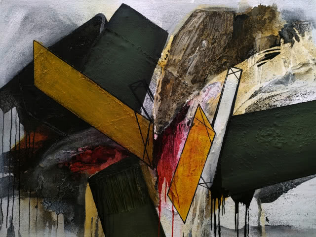 Michał Jamioł, bez tytułu, akryl,  płótno, materia, 100cmx140cm, 2023