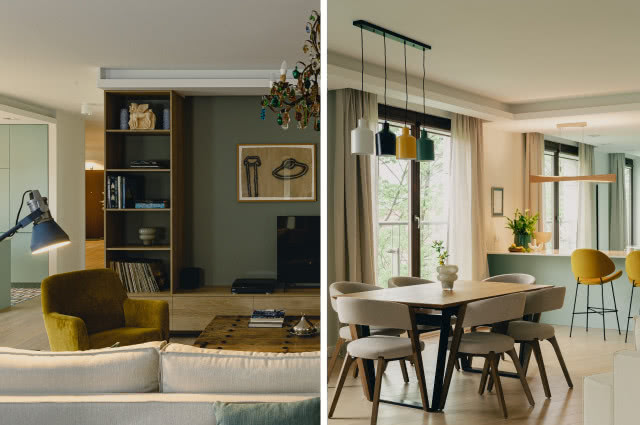zielone ściany w salonie i jadalni