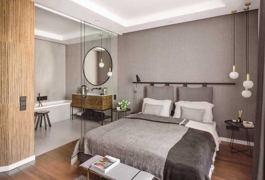 Sypialnia odwraca kolory salonu
- tu drewno...