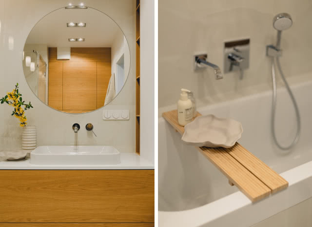 łazienka w beżu i drewnie 