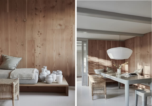 drewniane ściany w salonie