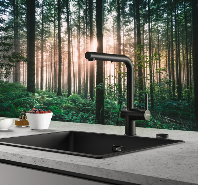 czarna bateria zlewozmywakowa, czarny zlewozmywak, owoce w miseczce, za oknem las, szary blat kuchenny