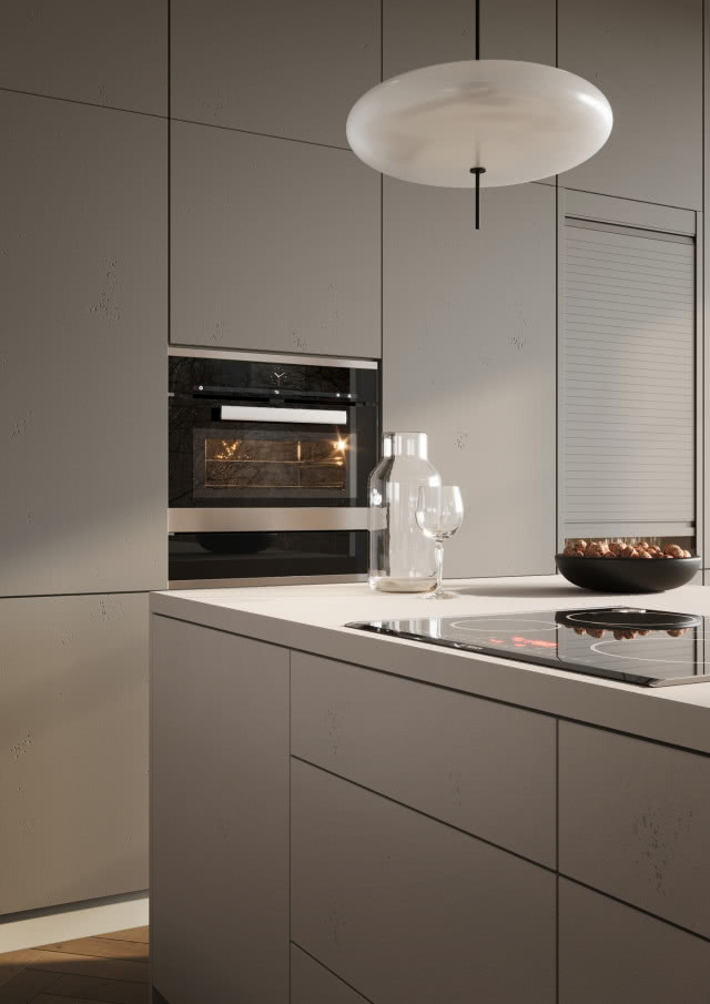 piekarnik do zabudowy, fronty kuchenne mat w kolorze szarym, wyspa kuchenna, lamele, stołki barowe, jodełka na podłodze
