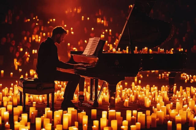 pianista gra na fortepianie wśród świec