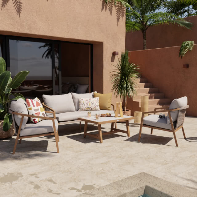 Taras w stylu new moroccan, roślinność, poduszki ozdobne