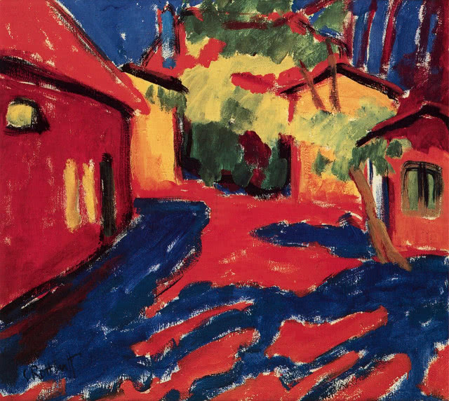 pejzaż, domy i gospoda obraz ekspresjonizm