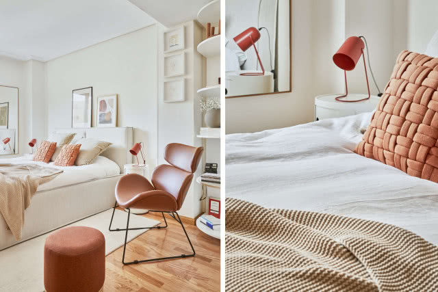 pomarańczowe barwy połączone z drewnem i skórą