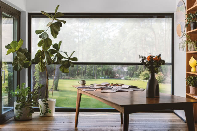 drewniany stół, kwiaty w doniczkach, półki, duże okna, zasłony okienne, markizy