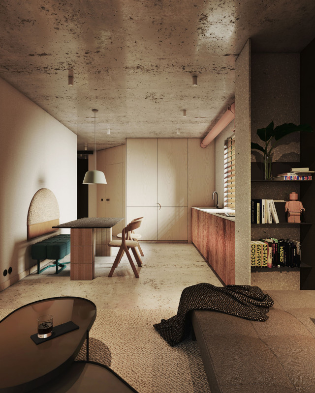 Mały salon z aneksem kuchennym w loftowym stylu