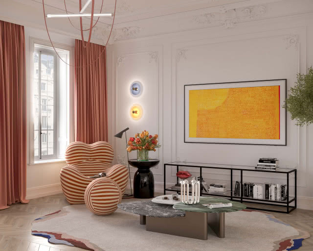 telewizor, kanapa, fotel, stolik pod telewizorem, stolik kawowy, zasłony, dywan, jodełka na podłodze