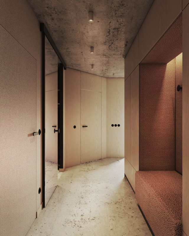 Drzwi ukryte i sufit z betonu w industrialnym przedpokoju