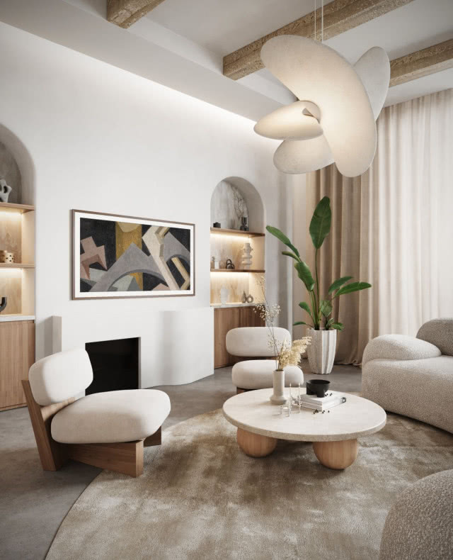 fotel, okrągły stolik kawowy, telewizor, kanapa, belki stropowe, dywan, duży zielony kwiat w doniczce