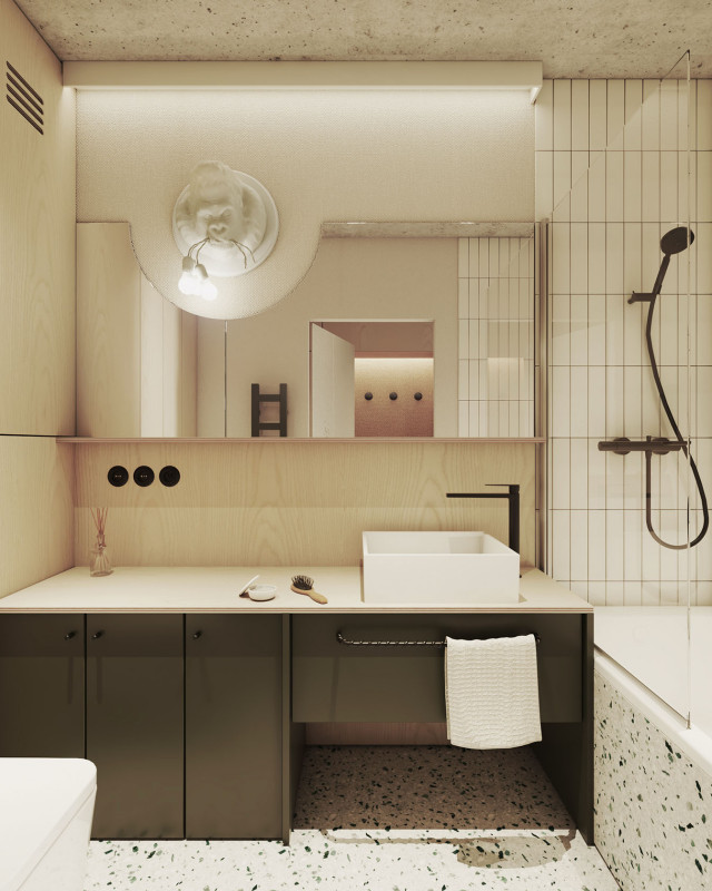 Beżowa łazienka z podłogą lastryko