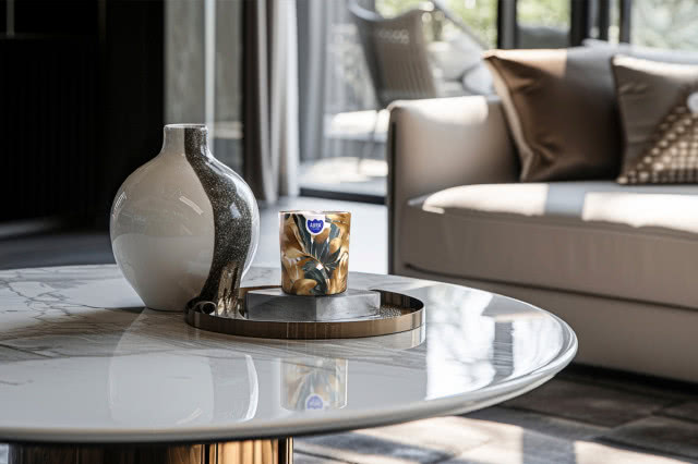 okrągły stolik kawowy, wazony, taca, kanapa