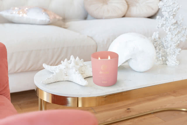 stolik kawowy, biała kanapa, świeca zapachowa, muszla, drewniana podłoga