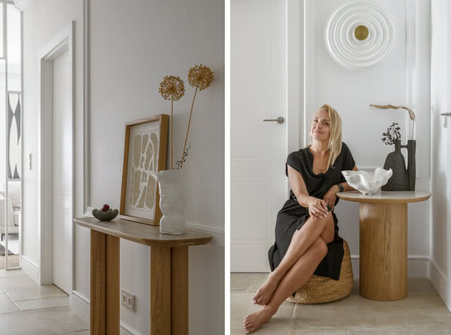 jasne wnętrze, ze sztukaterią i drewnianymi meblami