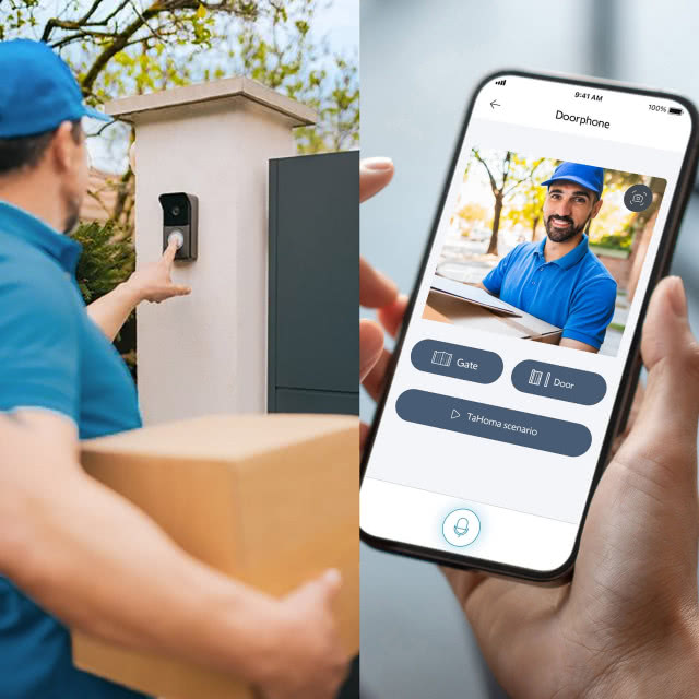 wideofon z kurierem z paczką