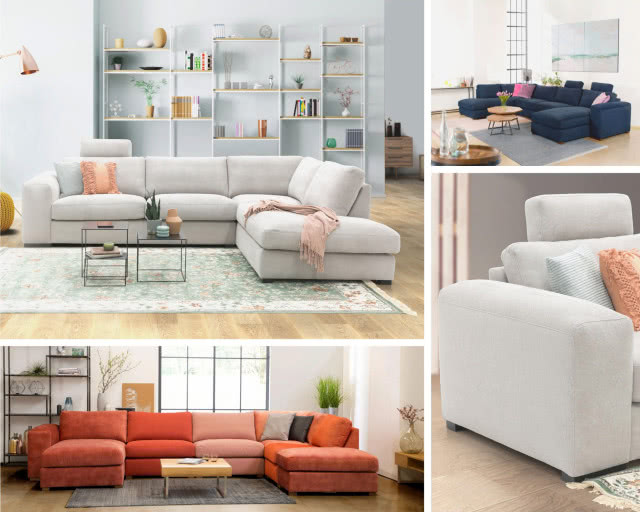 biały narożnik, stoliki kawowe, dywan, poduszki ozdobne, półki, książki bibeloty, komoda lampa podłogowa, granatowy narożnik, obraz, podłokietnik, duże okno, kanapa w kolorze czerwieni