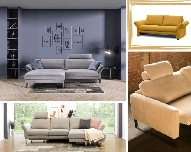 szara kanapa, poduszki ozdobne, dywan, obrazy, półka, lampa biurkowa, jodełka na podłodze, duże okna, kwiaty zielone,, komoda, koc, cegła na ścianie, miodowa kanapa