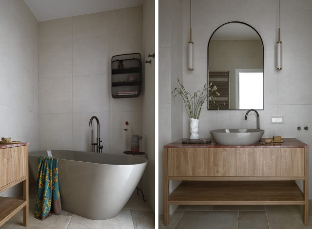 Szara łazienka z drewnem