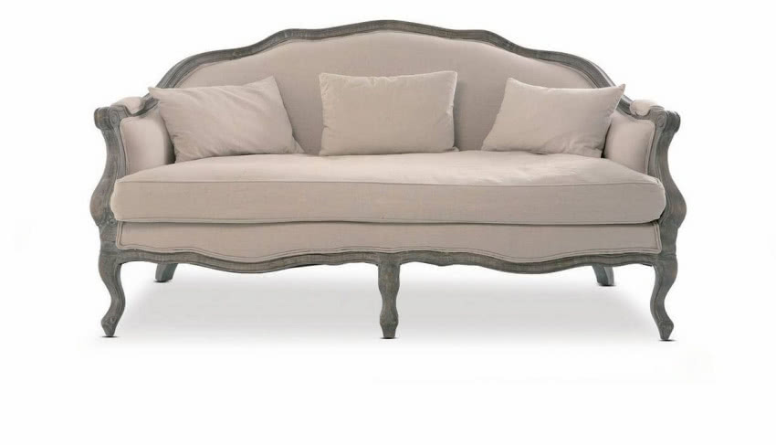 Sofa z drewna kauczukowego z obiciem z lnu,...