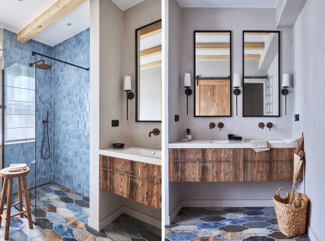 Łazienka w drewnie i błękicie