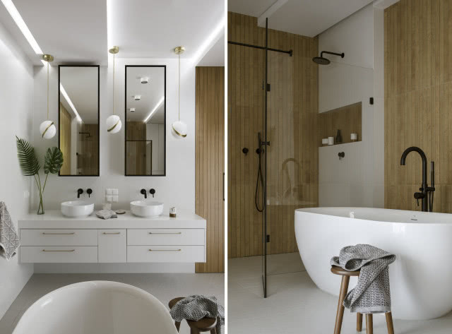 Łazienka w bieli i drewnie