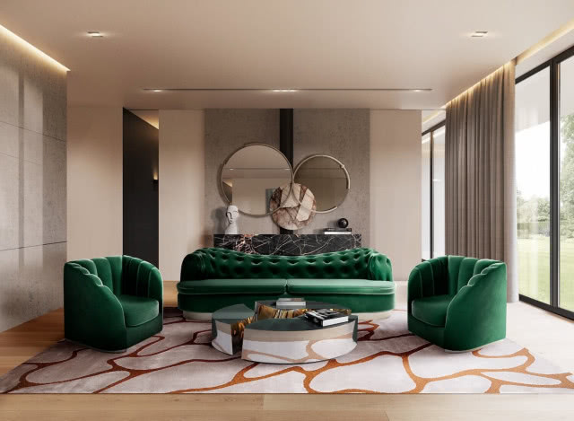 Butelkowa zieleń kanapy i fotele