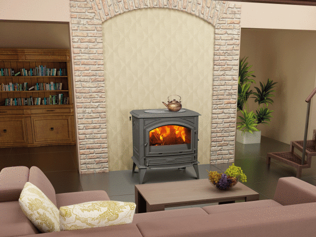 piec wolnostojący 760MD wraz z płytą, stolik kawowy, schody, kanapa, owoce w misie, duży kwiat w doniczce, regał z książkami