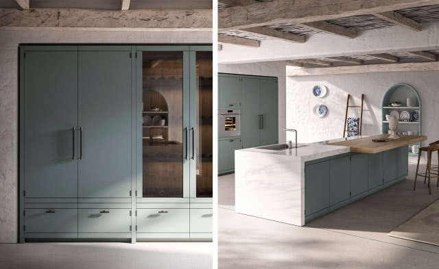 zielone fronty kuchenne, witryna, wyspa kuchenna, piekarnik, zlew, bateria zlewozmywakowa