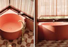 OMNIRES OVO M+, wanna narożna z funkcjonalną półką, coral mat  