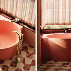 OMNIRES OVO M+, wanna narożna z funkcjonalną półką, coral mat 