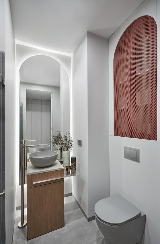 łazienka z ceglastą szafką