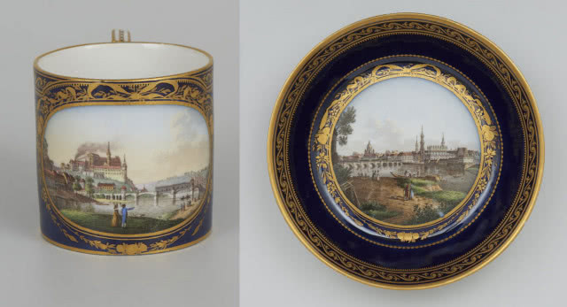Filiżanka ze spodkiem z widokami Miśni i Drezna, Królewska Manufaktura Porcelany w Miśni, ok. 1800. Na filiżance - Miśnia prawdopodobnie wg C.G. Ehrlicha. Na spodku Drezno wg Bellotta

