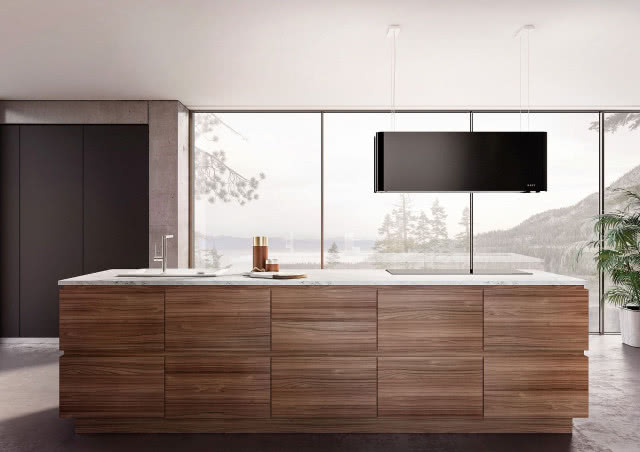 czarny okap kuchenny podsufitowy, wyspa kuchenna, biały blat kuchenny